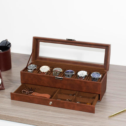 Watch Box for Men, 6 Slot Watch Case with Glass Lid Fits 48Mm