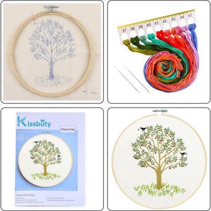 Full Range of Embroidery Starter Kit with Pattern, Cross Stitch Kit Including Embroidery Fabricwith Plants Pattern, Bamboo Embroidery Hoop, Color Threads and Tools Kit (Cherry Tree)