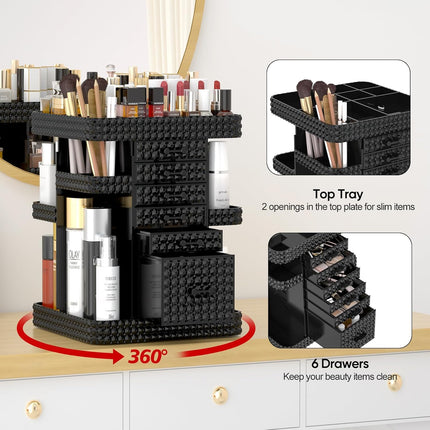 2 Pack Makeup Organizer Set, Black Makeup Organizer with 6 Drawers, Clear 2 Tier Rotating Makeup Organizer
