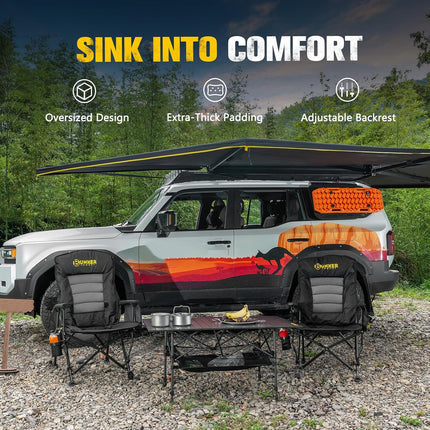 Folding Camping Chair, Oversized with Padded Cushion, Outdoor Chair with Cup Holder Storage Pockets, Adjustable High Backrest Supports 450 LBS for Beach, Fishing, Overland Trips