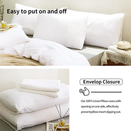 100% Linen King Pillow Cases Set of 2 (20"X36"), White Natural Linen