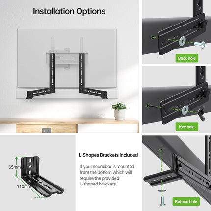 Soundbar Mount, Sound Bar Mount for Mounting above or under TV, Fits Most of Sound Bars up to 16 Lbs, with Detachable Extension Plates