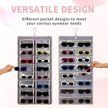 Dual Sided Sunglasses Storage Organizer Case, Eyeglasses Holder Wall Mounted with 32 Clear Slots & Metal Hook, Dust Proof Sunglasses Storage Case