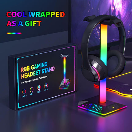 Headphone Stand Gaming Headset Holder RGB PC Gaming Accessories for Desk, Cool LED Headset Stand with 2 USB Charger for Gamer, Black