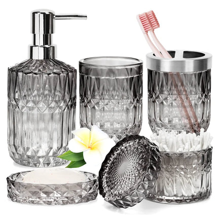 Bathroom Accessories Set, 5Pcs Bathroom Soap Dispenser Set, Glass Bathroom Accessories with Glass Soap Dispenser, Soap Dish, Toothbrush Holder, Tumbler, Cotton Swab Jar (Gradient Black & Clear)