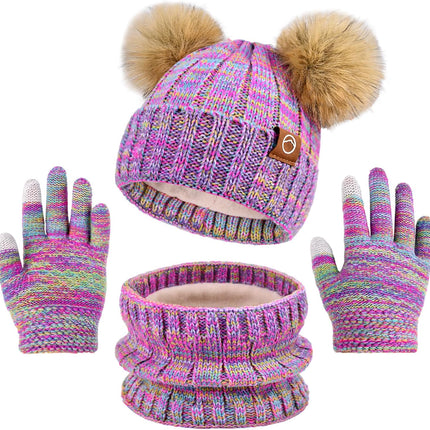 Kids Winter Hat Gloves Scarf Set Girls, Children Beanies Hats with Pom Pom