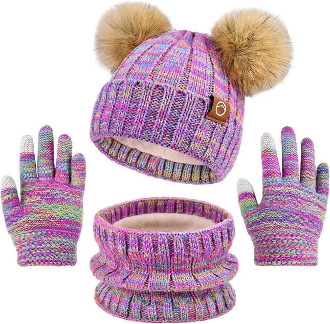 Kids Winter Hat Gloves Scarf Set Girls, Children Beanies Hats with Pom Pom