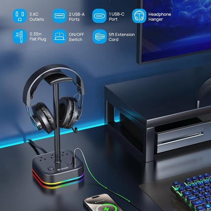 Headphone Stand with USB C, Desk Gaming Headset Holder with 3 AC Outlets, 2 USB-A and 1 USB-C, Headset Stand with 5 RGB Light Modes, for Gaming Desk Accessories Gamer Boyfriend Gifts