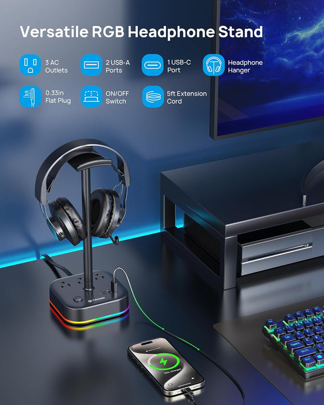 Headphone Stand with USB C, Desk Gaming Headset Holder with 3 AC Outlets, 2 USB-A and 1 USB-C, Headset Stand with 5 RGB Light Modes, for Gaming Desk Accessories Gamer Boyfriend Gifts