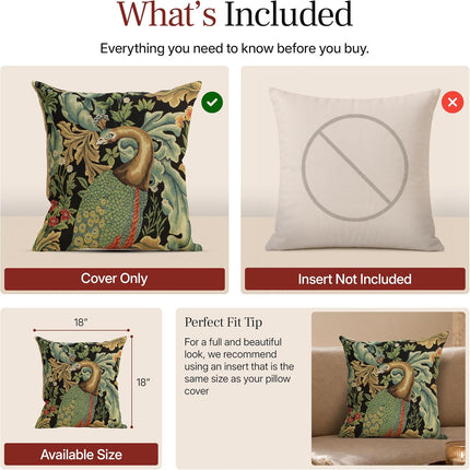 William Morris Black Peacock Woven Tapestry Throw Pillow Cover 18 X 18 In