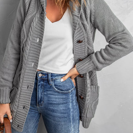 Hooded Cardigan Sweaters for Women Long Sleeve Button down Knit Sweater Coat Outwear with Pockets