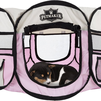 Portable Puppy Playpen - Small Pop-Up Play Yard for Pets up to 25Lbs with Mesh Windows, 2 Pockets, Zippered Roof, and Carry Bag by  (Pink)