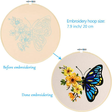 3 Pack Embroidery Starter Kit with Pattern, Flowers Butterfly Stamped Embroidery Kit Including Embroidery Fabrics, Bamboo Hoops, Threads Needles, Hobbies for Women (Green Purple Blue)