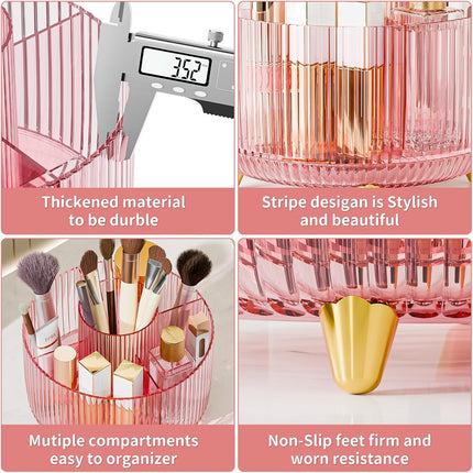 Clear Rotating Makeup Organizer Countertop for Vanity, 360° Makeup Brush Holder Organizer with 5 Compartments, Transparent Cosmetic Storage for Lipstick, Skincare, Bathroom Counter (Transparent Pink)