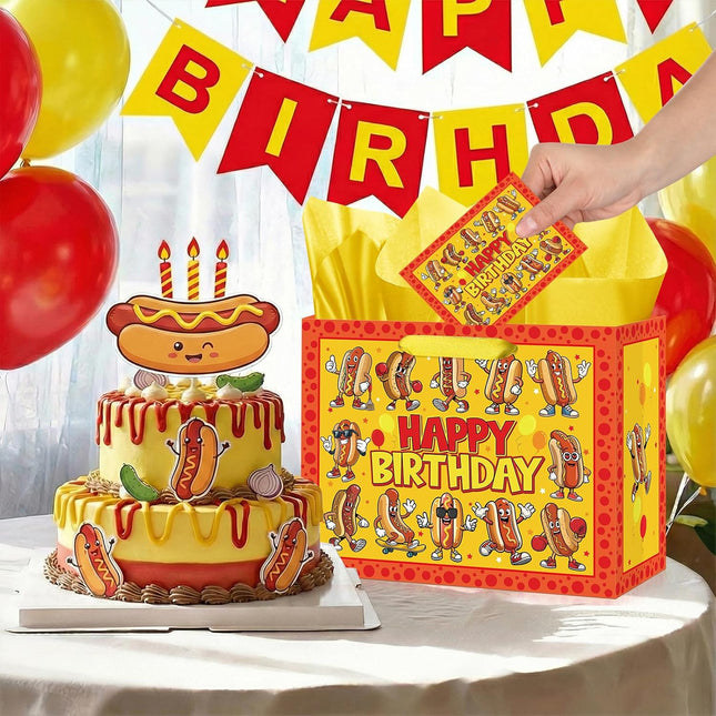 Funny Hot Dog Birthday Gift Bag Cartoon Hot Dog Themed Birthday Wrapping Paper Bag with Greeting Card for Kids Adults Sausage Food Picnic BBQ Hotdog Bday Baby Shower Party Decorations
