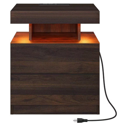 Modern Walnut 2-Drawer 19.7 In. W Nightstand with Smart LED Light and Wireless Charging Station