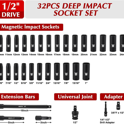 32PCS 1/2" Drive Socket Set, Deep Impact Sockets, SAE(3/8"-1") and Metric(10-24Mm), Including Extension Bars, Universal Joint, Drill&Socket Adapter, 12 Point Design, Cr-V Steel