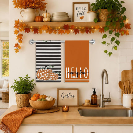 Fall Hello Pumpkin Kitchen Towels Dish Towels Set of 2-18 X 26 Inch