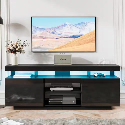 63.78 In. Modern Black TV Stand Fits Tvs up to 70 In. with RGB LED Light Strip and Outlets