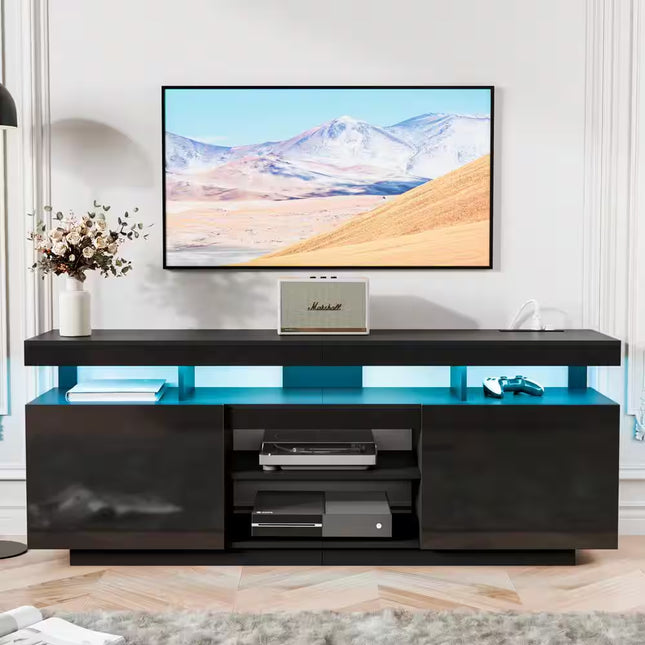 63.78 In. Modern Black TV Stand Fits Tvs up to 70 In. with RGB LED Light Strip and Outlets
