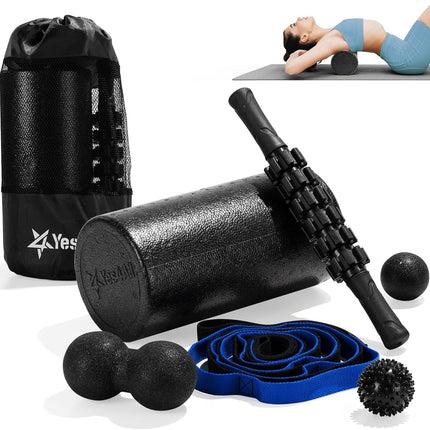 Yes4All Foam Muscle Roller Set, 7-In-1 High-Density Set of Back Roller, Fascia Massage Tool, Stretch Strap, Spiky, Peanut & Smooth Massage Balls, Carry Bag - Ideal for Muscle Care & Relaxation