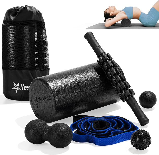 Yes4All Foam Muscle Roller Set, 7-In-1 High-Density Set of Back Roller, Fascia Massage Tool, Stretch Strap, Spiky, Peanut & Smooth Massage Balls, Carry Bag - Ideal for Muscle Care & Relaxation
