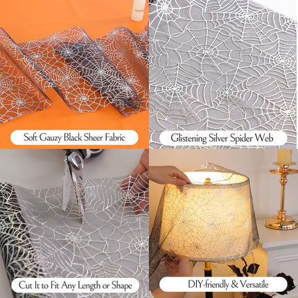 Halloween Table Runner, Silver Spider Web Metallic Sequin Glitter Sheer Runners Roll 120", Black Table Decorations for Halloween, Wedding, Birthday, Themed Party, Christmas