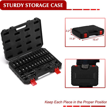 32PCS 1/2" Drive Socket Set, Deep Impact Sockets, SAE(3/8"-1") and Metric(10-24Mm), Including Extension Bars, Universal Joint, Drill&Socket Adapter, 12 Point Design, Cr-V Steel