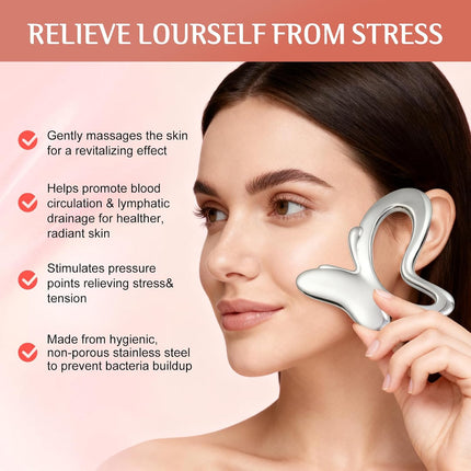 Gua Sha & Face Roller, Stainless Steel Gua Sha Facial Tools, Lymphatic Drainage Massager for Face, Eyes, Chin & Jawline Sculpting, Body Gua Sha Tools with Pouch