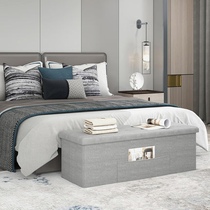 Storage Ottoman Bench, 43" L Folding Foot Rest Storage Chest with Side Pocket, Divider, Padded Seat Shoe Bench for Living Room Bedroom Hallway Entryway End of Bed (Light Gray)