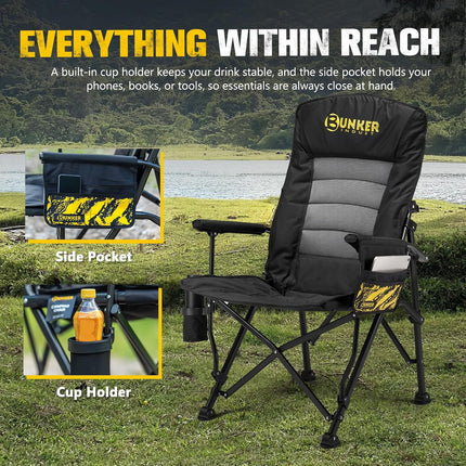 Folding Camping Chair, Oversized with Padded Cushion, Outdoor Chair with Cup Holder Storage Pockets, Adjustable High Backrest Supports 450 LBS for Beach, Fishing, Overland Trips