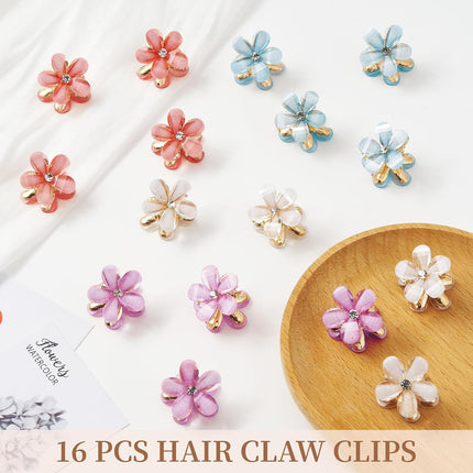 Small Flower Hair Clips for Women 16PCS Colourful Mini Crystal Flower Claw Clips for Thin/Thick Curly Hair Non Slip Bangs Pins(16Pcs-Style 7)