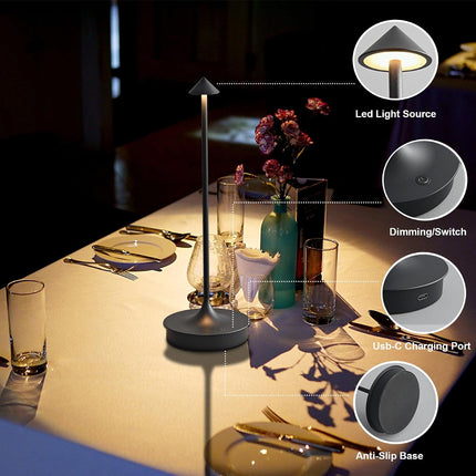 Cordless LED Table Lamp Rechargeable, Battery Operated Table Lamps Touch Dimmable, Portable Outdoor Table Light IP54 Waterproof for Patio Restaurants and Dining Home