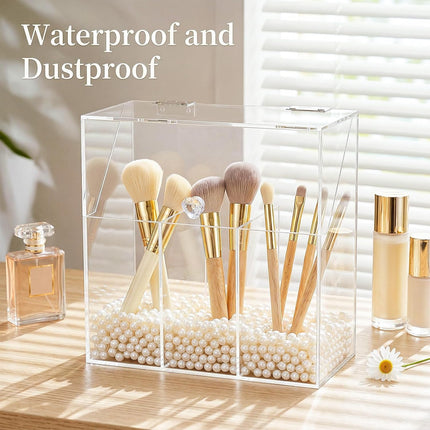 Makeup Brush Holder with Dustproof Lid, White Pearls, Acrylic Clear Makeup Brush Organizer with 3 Compartment, Large Cosmetic Brush Storage Box Case for Vanity, Bathroom, Bedroom