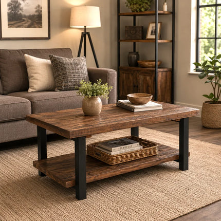 Rundell Pomona Rustic Industrial Modern Vintage Metal and Solid Wood Coffee Table with Storage, Easy Assembly, Small Rectangle Coffee Table, 42 in X 24 in X 18 In