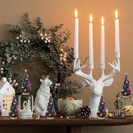 6 Pcs Artificial Mini Christmas Trees 4.3 Inch Frosted Green Bottle Brush Trees with Wood Bases Sisal Trees with White Snow and Ornaments for Winter Christmas Holiday Dollhouse Miniature Décor