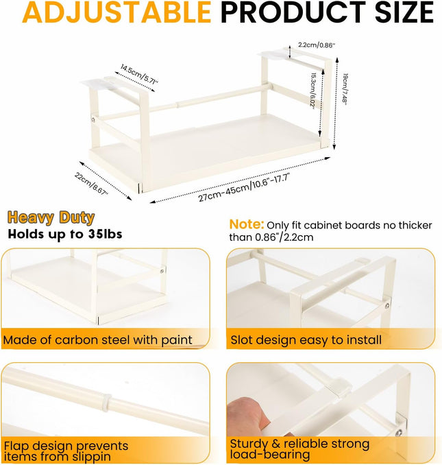 Expandable under Shelf Storage Basket, Slide-In Storage Rack under Cabinet Add-On Storage Baskets Heavy Duty Carbon Steel Hanging Organizer for Kitchen Pantry Laundry Bathroom, 1 Pack