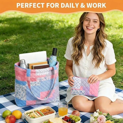 Quilted Lunch Bag Set and Floral Quilted Tote Bag(Pinkpatch)
