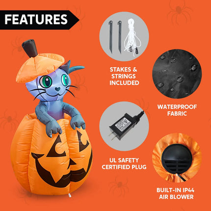 5 Ft Halloween Inflatable Animated Cat on Pumpkin,Halloween Outdoor Decoration with LED Lights,Blow up Decoration for Yard & Lawn,Party