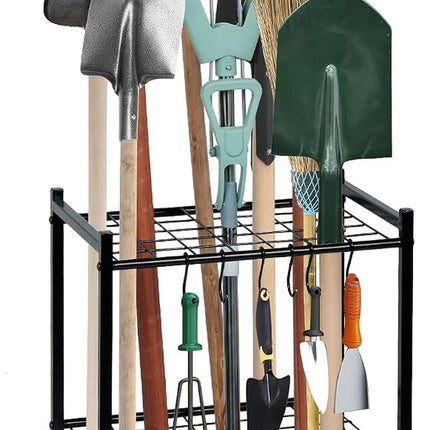 Garden Tool Organizer with Storage Hooks, Yard Tool Tower Rack for Garage Organization and Storage, up to 35 Long-Handled Tools, Metal Tool Holder with 6 Hooks, Black
