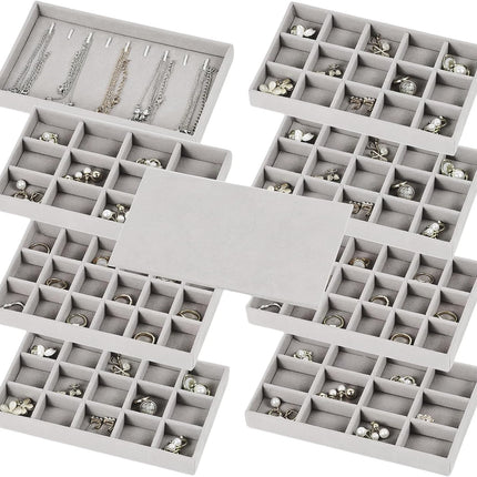 Set of 8 Stackable Jewelry Organizer Trays with 1 Lid for Drawer & Dresser Organizer, Adjustable Velvet Jewelry Box Tray Earring Organizer Necklace Storage Ring Bracelet Display Case (Gray)