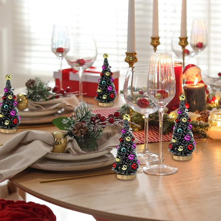 6 Pcs Artificial Mini Christmas Trees 4.3 Inch Frosted Green Bottle Brush Trees with Wood Bases Sisal Trees with White Snow and Ornaments for Winter Christmas Holiday Dollhouse Miniature Décor