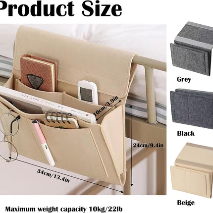 Bedside Caddy, 5 Pockets Felt Bedside Storage Organizer, Hanging Storage Organizer for Home Bedroom Living Room College Dorm Bed Water Bottles, Magazines, Phone, Glasses (Black)