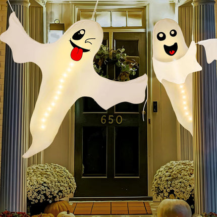 2PCS  Halloween Ghost Lighted Hanging Decoration Outdoor Decor - Hallowmas Tree Hugger Friendly Spooky Party Supplies (Batteries Not Included)