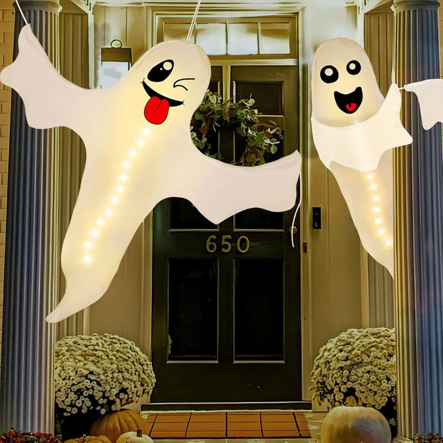 2PCS  Halloween Ghost Lighted Hanging Decoration Outdoor Decor - Hallowmas Tree Hugger Friendly Spooky Party Supplies (Batteries Not Included)