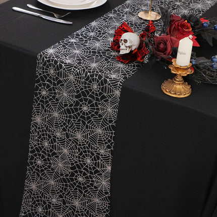 Halloween Table Runner, Silver Spider Web Metallic Sequin Glitter Sheer Runners Roll 120", Black Table Decorations for Halloween, Wedding, Birthday, Themed Party, Christmas