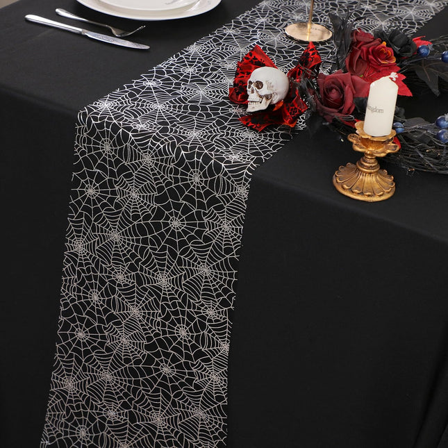 Halloween Table Runner, Silver Spider Web Metallic Sequin Glitter Sheer Runners Roll 120", Black Table Decorations for Halloween, Wedding, Birthday, Themed Party, Christmas