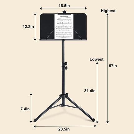 Sheet Music Stand,5 in 1 Dual-Use Folding Sheet Music Stand & Desktop Book Stand with Portable Carrying Bag & Music Sheet Clip Holder & Sheet Music Book(Black) (AS-M55)