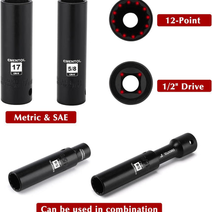 32PCS 1/2" Drive Socket Set, Deep Impact Sockets, SAE(3/8"-1") and Metric(10-24Mm), Including Extension Bars, Universal Joint, Drill&Socket Adapter, 12 Point Design, Cr-V Steel