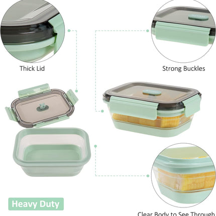 Collapsible Food Storage Containers with Lid & Air Vent, Clear Stacking Silicone Collapsible Food Container Set, Microwave Freezer Dishwasher Safe Space-Saver, Set of 4, Mint Green